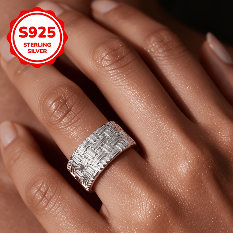 Women's 925 Silver Adjustable Cross-Texture Ring, Gift for Couples